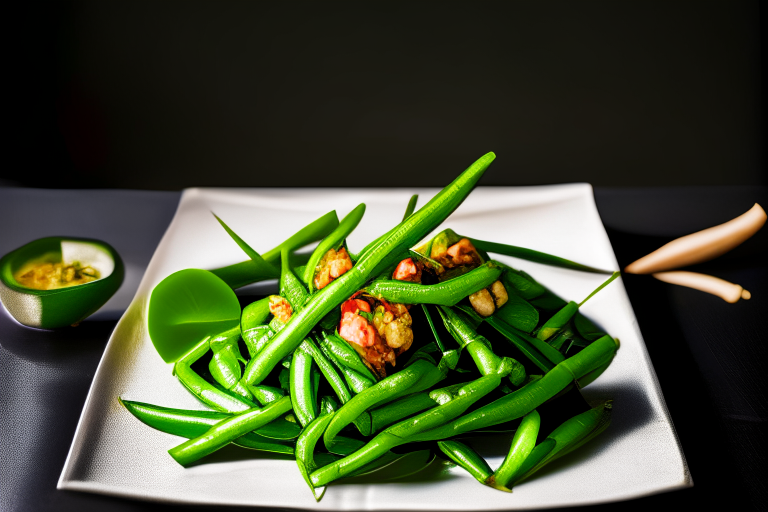 Pad Prik Khing Goong (Thai Stir-Fried Spicy Green Beans with Shrimp) on a square plate, bright studio lighting, razor-sharp focus, filling the frame, minimal plate visible, woven rattan placemat, stainless steel chopsticks, kaffir lime leaves as garnish