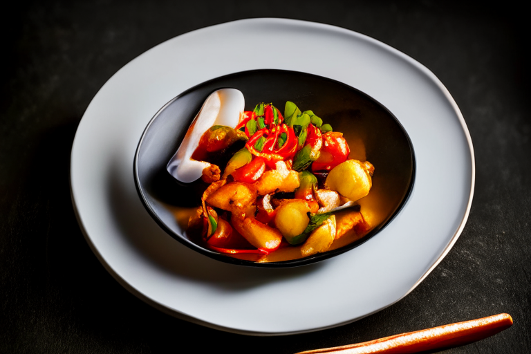 Pad Priew Wan Talay (Thai Sweet and Sour Seafood Stir-Fry) on a round plate, bright studio lighting, razor-sharp focus, filling the frame, minimal plate visible, Thai silk placemat, ceramic spoon and fork, chili peppers and lime wedges as garnish