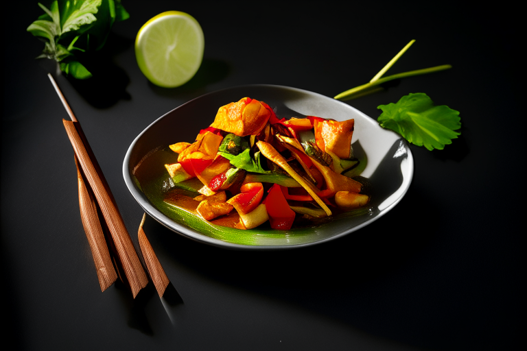 Pad Priew Wan Talay (Thai Sweet and Sour Seafood Stir-Fry) on a square plate, bright studio lighting, razor-sharp focus, filling the frame, minimal plate visible, woven rattan placemat, stainless steel chopsticks, kaffir lime leaves as garnish