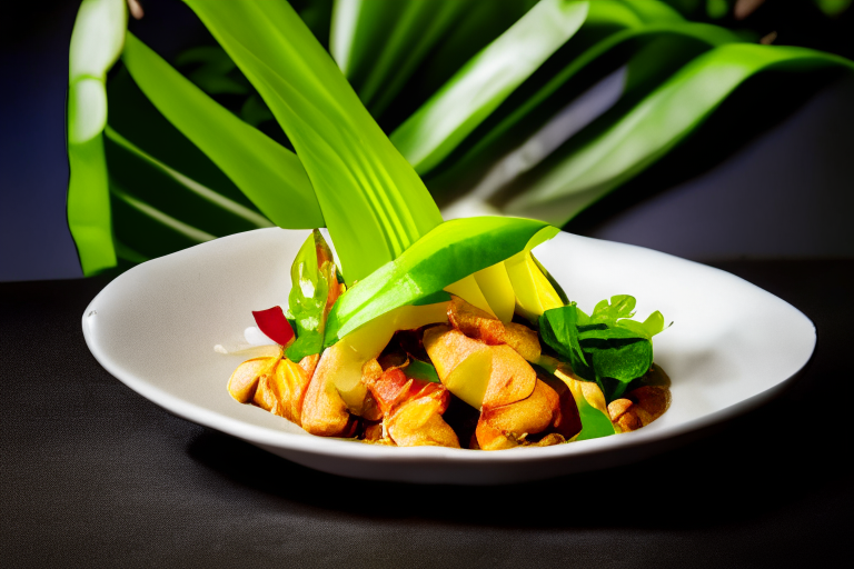 Pad Priew Wan Talay (Thai Sweet and Sour Seafood Stir-Fry) on a banana leaf, bright studio lighting, razor-sharp focus, filling the frame, minimal plate visible, fresh orchid as garnish