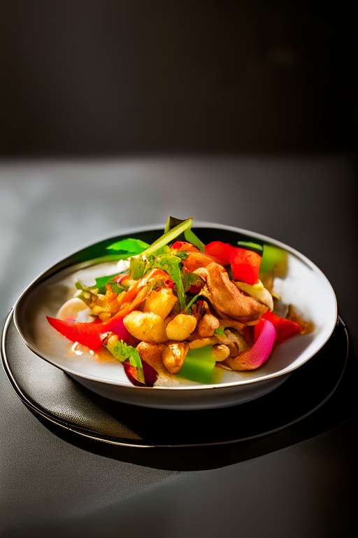 Pad Priew Wan Talay (Thai Sweet and Sour Seafood Stir-Fry) on an oval plate, bright studio lighting, razor-sharp focus, filling the frame, minimal plate visible, woven placemat, fresh orchid and lime wedges as garnish