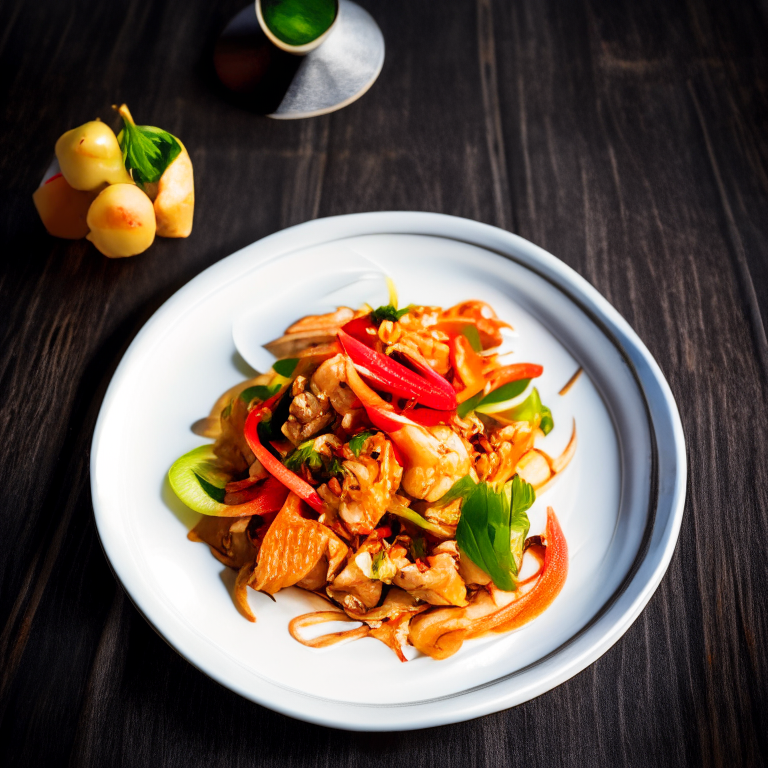 Pad Priew Wan Talay (Thai Sweet and Sour Seafood Stir-Fry) on a round plate, bright studio lighting, razor-sharp focus, filling the frame, minimal plate visible, woven rattan placemat, fresh orchid and chili peppers as garnish