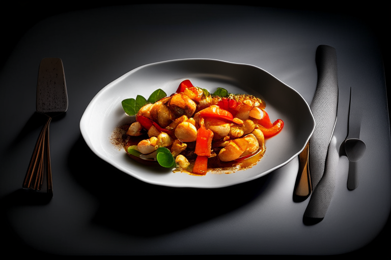 Pad Priew Wan Talay (Thai Sweet and Sour Seafood Stir-Fry) on a rectangular plate, bright studio lighting, razor-sharp focus, filling the frame, minimal plate visible, ceramic placemat, stainless steel utensils