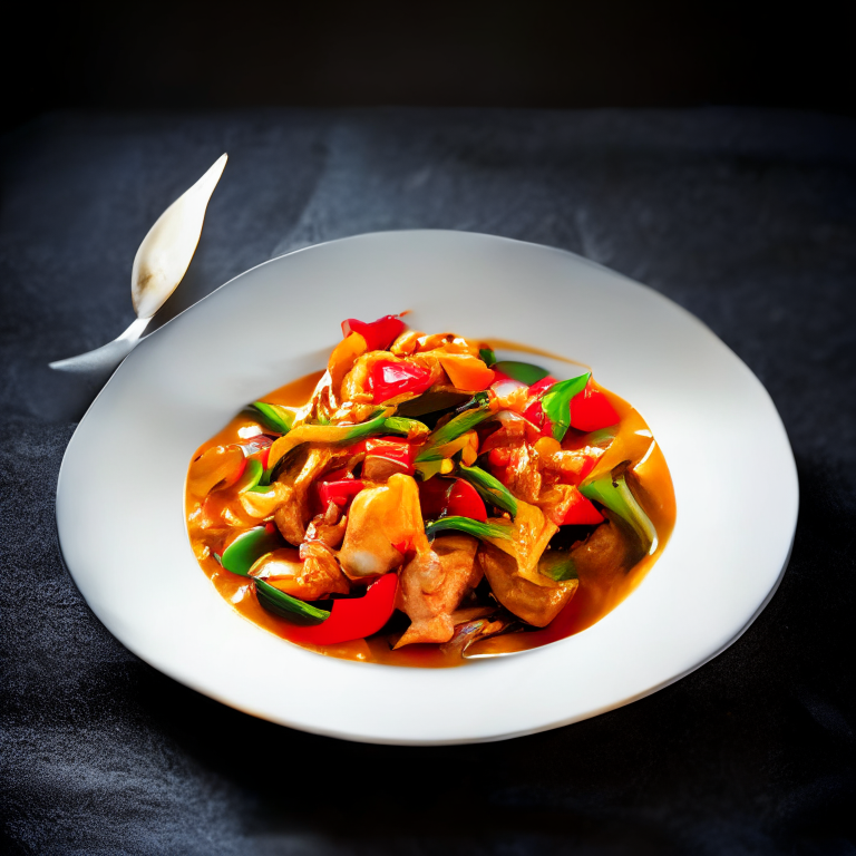 Pad Priew Wan Talay (Thai Sweet and Sour Seafood Stir-Fry) on a square plate, bright studio lighting, razor-sharp focus, filling the frame, minimal plate visible, ceramic spoon and fork, fresh orchid and chili peppers as garnish