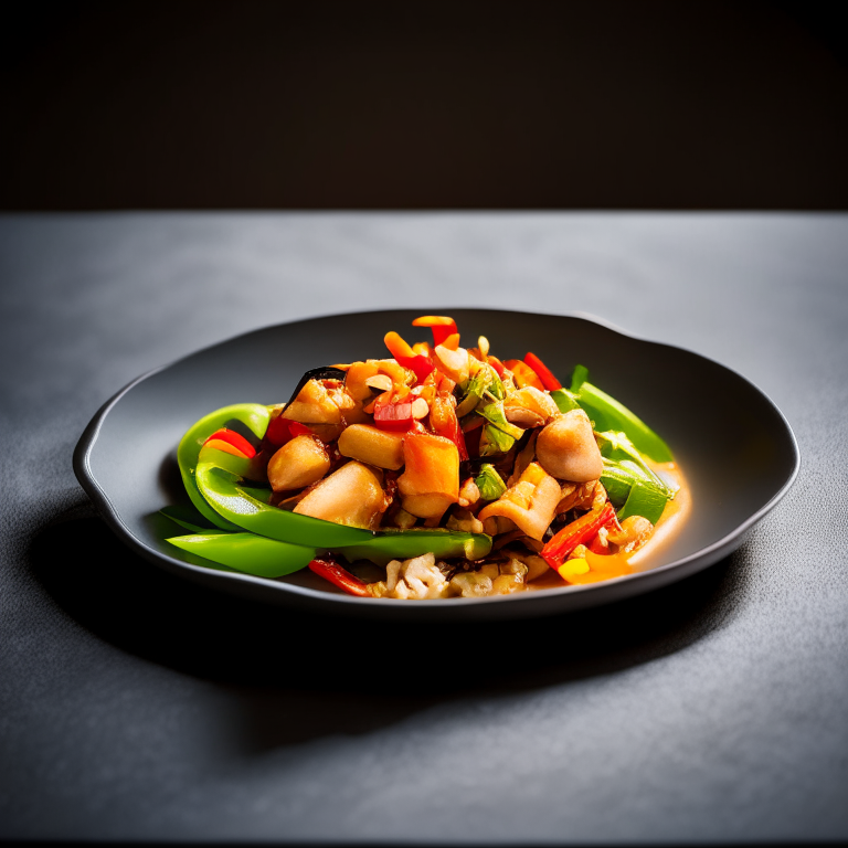 Pad Priew Wan Talay (Thai Sweet and Sour Seafood Stir-Fry) on a square plate, bright studio lighting, razor-sharp focus, filling the frame, minimal plate visible, ceramic placemat, fresh orchid as garnish