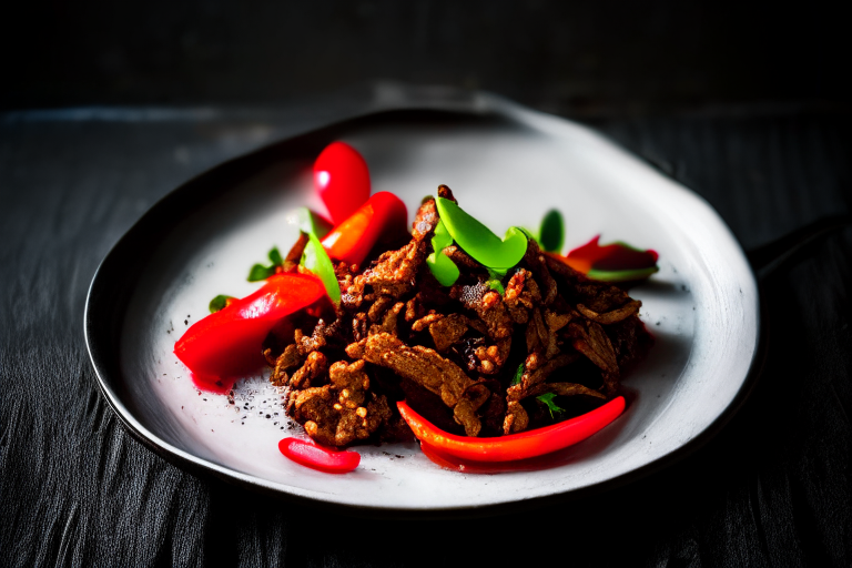 Pad Kra Tiem Prik Thai (Thai Garlic Pepper Beef Stir-Fry) on a round plate, bright studio lighting, razor-sharp focus, filling the frame, minimal plate visible, Thai silk placemat, ceramic spoon and fork, chili peppers and lime wedges as garnish