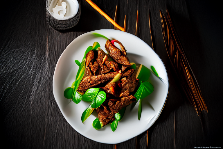 Pad Kra Tiem Prik Thai (Thai Garlic Pepper Beef Stir-Fry) on a square plate, bright studio lighting, razor-sharp focus, filling the frame, minimal plate visible, woven rattan placemat, stainless steel chopsticks, kaffir lime leaves as garnish