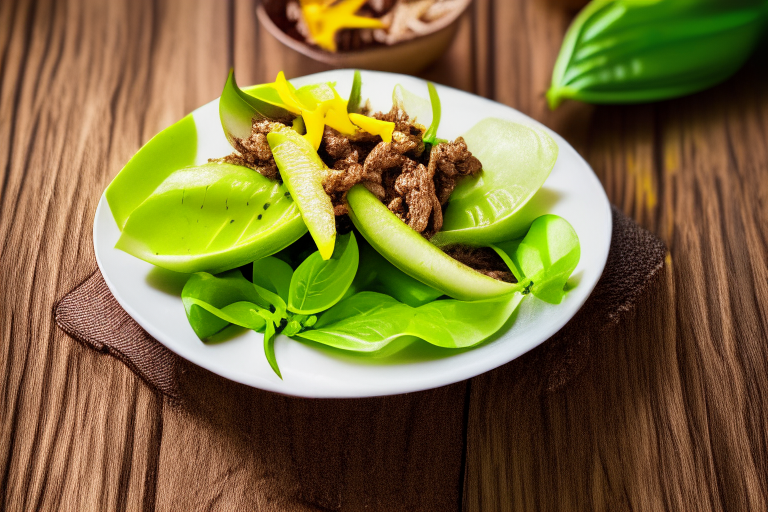 Pad Kra Tiem Prik Thai (Thai Garlic Pepper Beef Stir-Fry) on a banana leaf, bright studio lighting, razor-sharp focus, filling the frame, minimal plate visible, fresh orchid as garnish