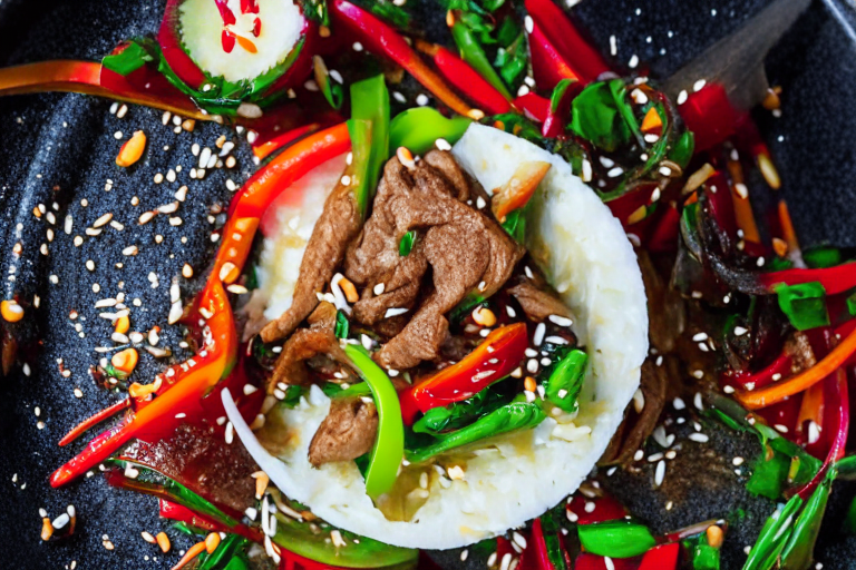 Pad Kra Tiem Prik Thai (Thai Garlic Pepper Beef Stir-Fry) on a perfectly circular plate