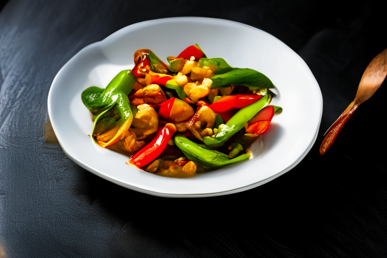 Pad Pak Ruam Mit (Thai Stir-Fried Mixed Vegetables) on a perfectly circular plate, bright studio lighting, razor-sharp focus, filling the frame, minimal plate visible, Thai silk placemat, ceramic spoon and fork, chili peppers and lime wedges as garnish