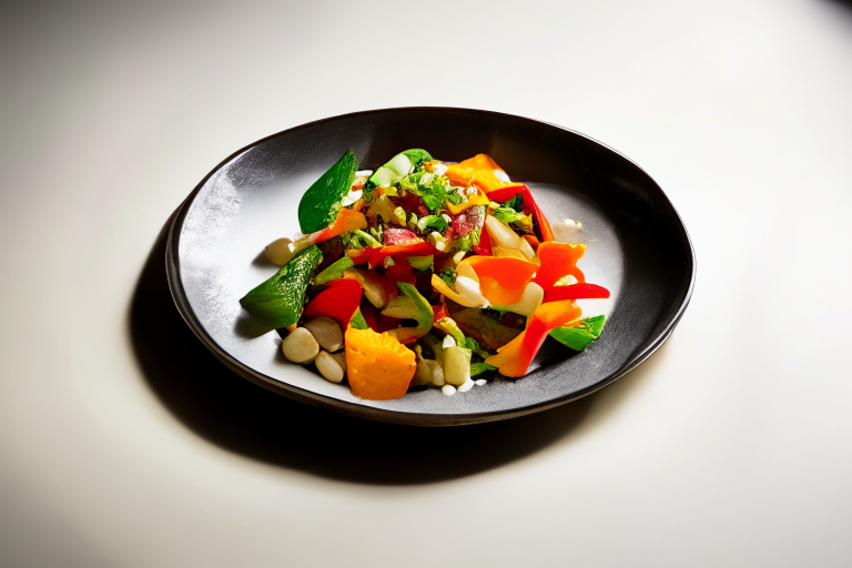 Pad Pak Ruam Mit (Thai Stir-Fried Mixed Vegetables) on a perfectly circular plate, bright studio lighting, razor-sharp focus, filling the frame, minimal plate visible, fresh orchid as garnish