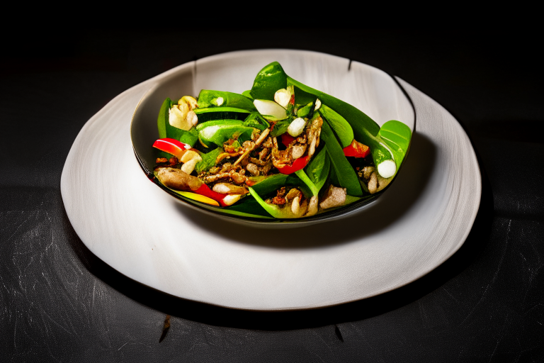 Pad Pak Ruam Mit (Thai Stir-Fried Mixed Vegetables) on a perfectly circular plate, bright studio lighting, razor-sharp focus, filling the frame, minimal plate visible, woven rattan placemat, stainless steel chopsticks, kaffir lime leaves as garnish