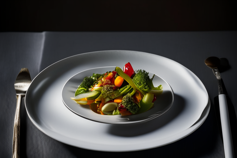 Pad Pak Ruam Mit (Thai Stir-Fried Mixed Vegetables) on a perfectly circular plate, bright studio lighting, razor-sharp focus, filling the frame, minimal plate visible, crystal wine glasses, silver cutlery, linen napkins