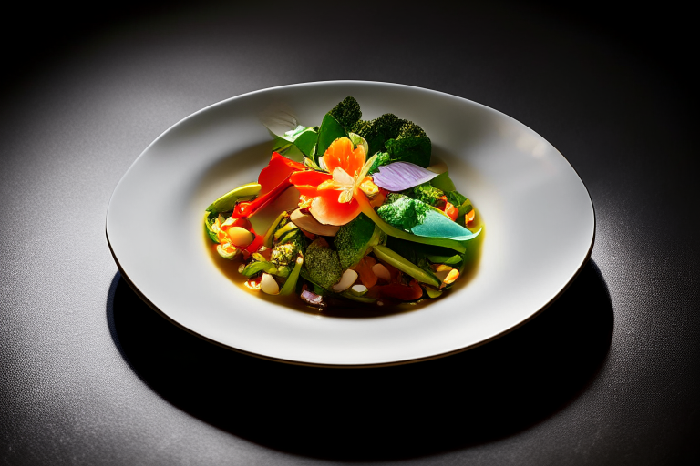 Pad Pak Ruam Mit (Thai Stir-Fried Mixed Vegetables) on a perfectly circular plate, bright studio lighting, razor-sharp focus, filling the frame, minimal plate visible, crystal vase with fresh flowers, gold cutlery