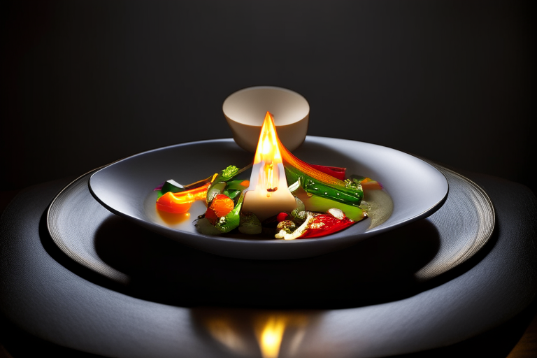 Pad Pak Ruam Mit (Thai Stir-Fried Mixed Vegetables) on a perfectly circular plate, bright studio lighting, razor-sharp focus, filling the frame, minimal plate visible, silver candle holders with lit candles, orchid centerpiece