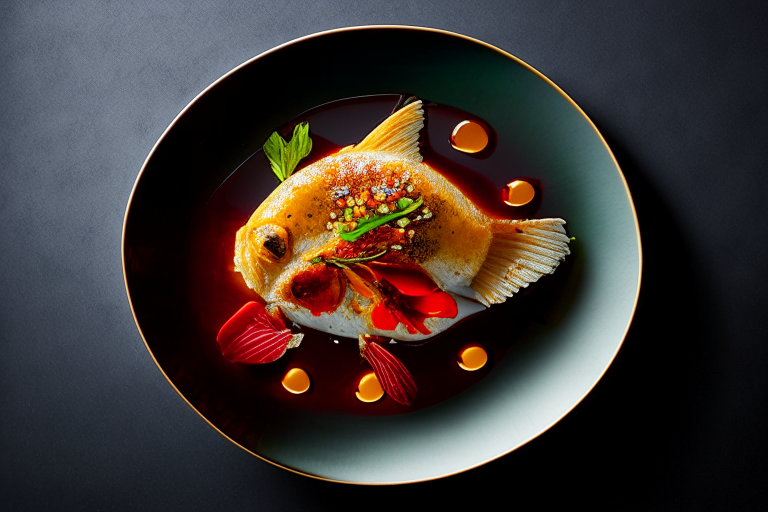 Pla Rad Prik (Thai Fried Fish with Chili Sauce) on a perfectly circular plate, bright studio lighting, razor-sharp focus, filling the frame, minimal plate visible, fresh orchid and chili pepper garnish, gold cutlery