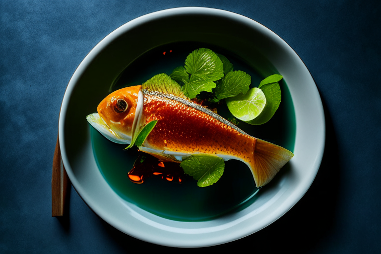 Pla Rad Prik (Thai Fried Fish with Chili Sauce) on a perfectly circular plate, bright studio lighting, razor-sharp focus, filling the frame, minimal plate visible, woven placemat, ceramic spoon and fork, kaffir lime leaves