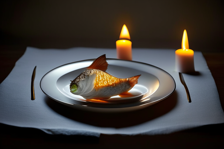 Pla Rad Prik (Thai Fried Fish with Chili Sauce) on a perfectly circular plate, bright studio lighting, razor-sharp focus, filling the frame, minimal plate visible, silver candle holders with lit candles, linen napkin