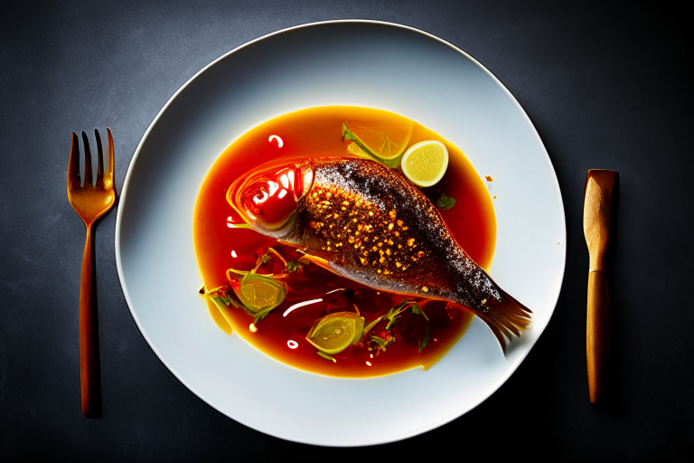 Pla Rad Prik (Thai Fried Fish with Chili Sauce) on a perfectly circular plate, bright studio lighting, razor-sharp focus, filling the frame, minimal plate visible, fresh orchid and chili pepper garnish, gold cutlery