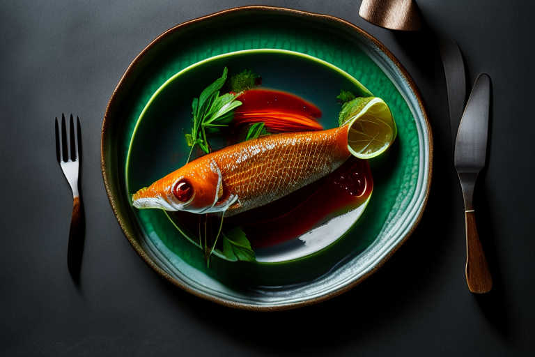 Pla Rad Prik (Thai Fried Fish with Chili Sauce) on a perfectly circular plate, bright studio lighting, razor-sharp focus, filling the frame, minimal plate visible, woven placemat, ceramic spoon and fork, kaffir lime leaves