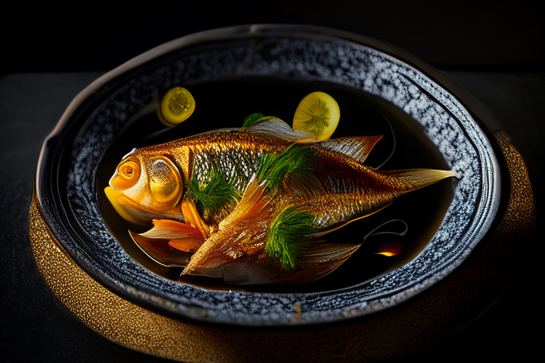 A Thai fried snapper dish on a circular plate, decorated with Thai ornaments, under bright studio lighting with razor-sharp focus