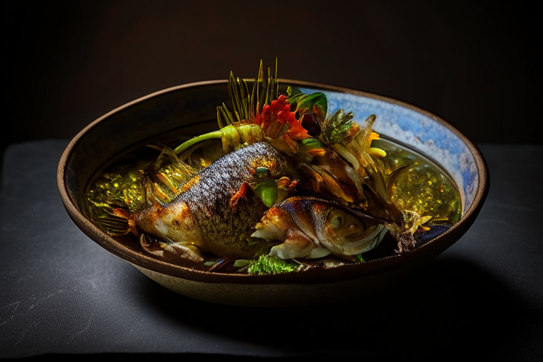 A Thai fried snapper dish on a circular bowl, decorated with Thai ornaments, under bright studio lighting with razor-sharp focus