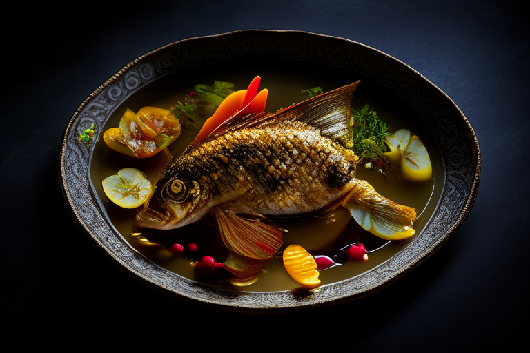 A Thai fried snapper dish on a circular platter, decorated with Thai ornaments, under bright studio lighting with razor-sharp focus