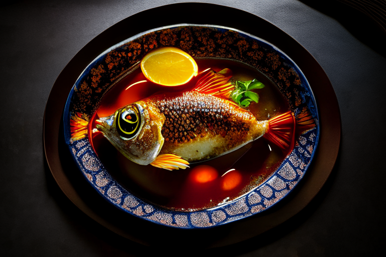 A Thai fried snapper dish with chili sauce on a circular plate, decorated with Thai ornaments, under bright studio lighting with razor-sharp focus