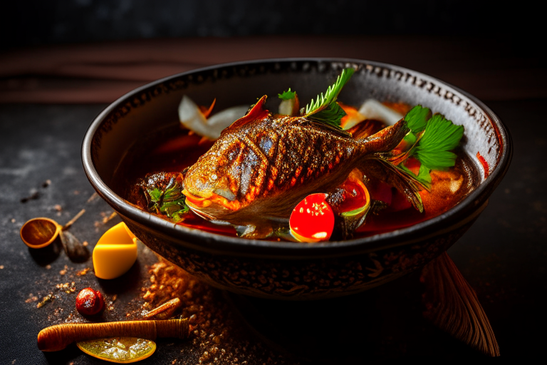 A Thai fried snapper dish with chili sauce on a circular bowl, decorated with Thai ornaments, under bright studio lighting with razor-sharp focus