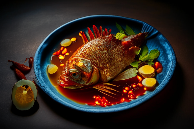 A Thai fried snapper dish with chili sauce on a circular platter, decorated with Thai ornaments, under bright studio lighting with razor-sharp focus