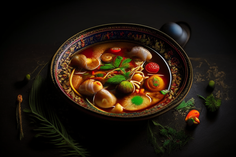 A Tom Yum Goong dish on a circular platter, decorated with Thai ornaments, under bright studio lighting with razor-sharp focus