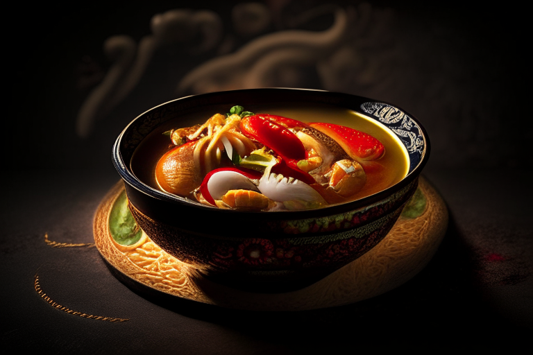 A Tom Yum Goong dish on a circular bowl, decorated with Thai ornaments, under bright studio lighting with razor-sharp focus