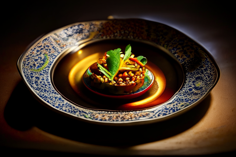 A Pad Cha Talay dish on a circular plate, decorated with Thai ornaments, under bright studio lighting with razor-sharp focus