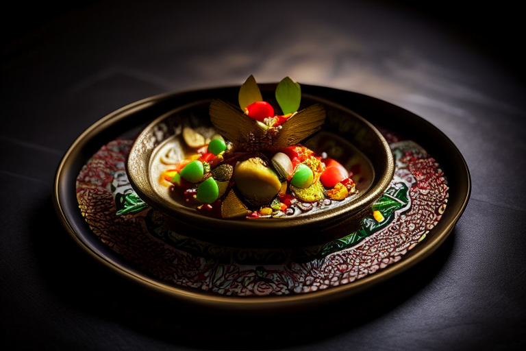 A Pad Cha Talay dish on a circular platter, decorated with Thai ornaments, under bright studio lighting with razor-sharp focus
