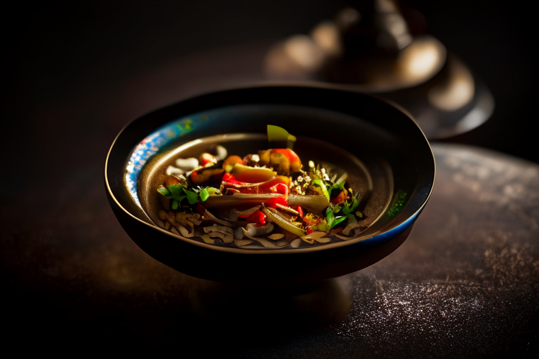 A Pad Cha Talay dish on a circular bowl, decorated with Thai ornaments, under bright studio lighting with razor-sharp focus