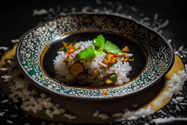 A Pad Cha Talay dish with jasmine rice on a circular plate, decorated with Thai ornaments, under bright studio lighting with razor-sharp focus