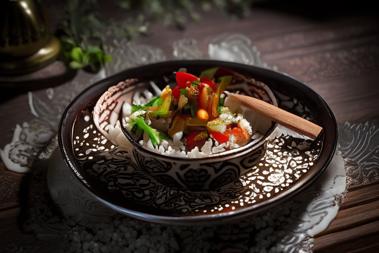 A Pad Cha Talay dish with jasmine rice on a circular bowl, decorated with Thai ornaments, under bright studio lighting with razor-sharp focus
