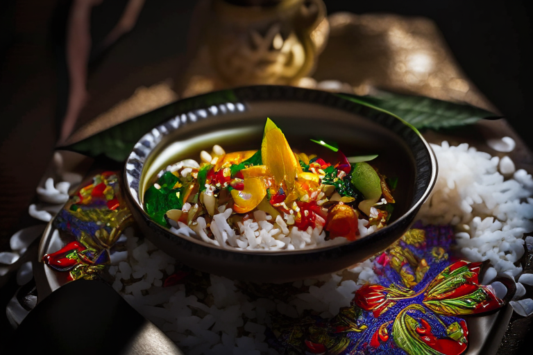 A Pad Cha Talay dish with jasmine rice on a circular platter, decorated with Thai ornaments, under bright studio lighting with razor-sharp focus