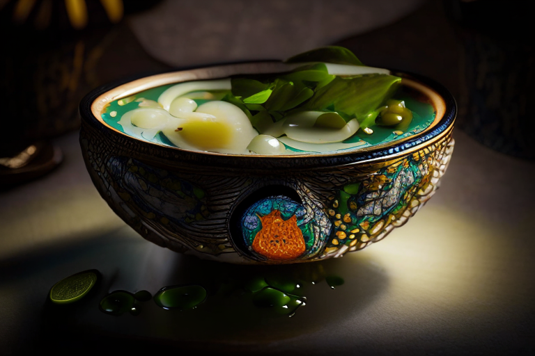 A Pla Nueng Manao dish with steamed fish and lime sauce on a circular plate, decorated with Thai ornaments, under bright studio lighting with razor-sharp focus