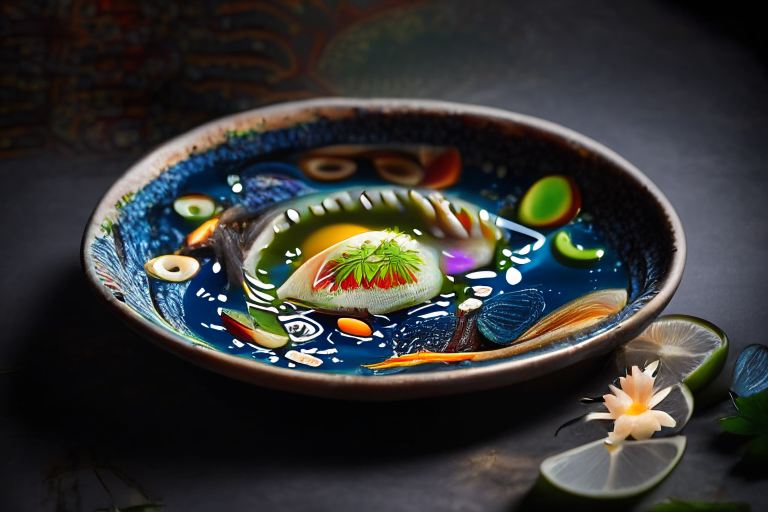A Pla Nueng Manao dish with steamed fish and lime sauce on a circular bowl, decorated with Thai ornaments, under bright studio lighting with razor-sharp focus