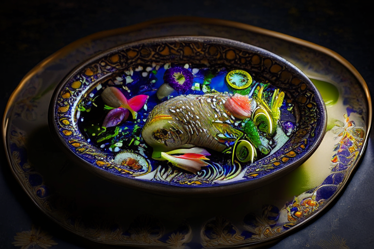 A Pla Nueng Manao dish with steamed fish and lime sauce on a circular platter, decorated with Thai ornaments, under bright studio lighting with razor-sharp focus