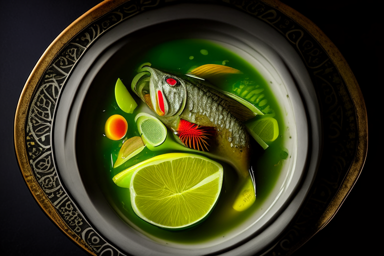 A Thai Steamed Fish with Lime Sauce soup dish on a circular plate, decorated with Thai ornaments, under bright studio lighting with razor-sharp focus