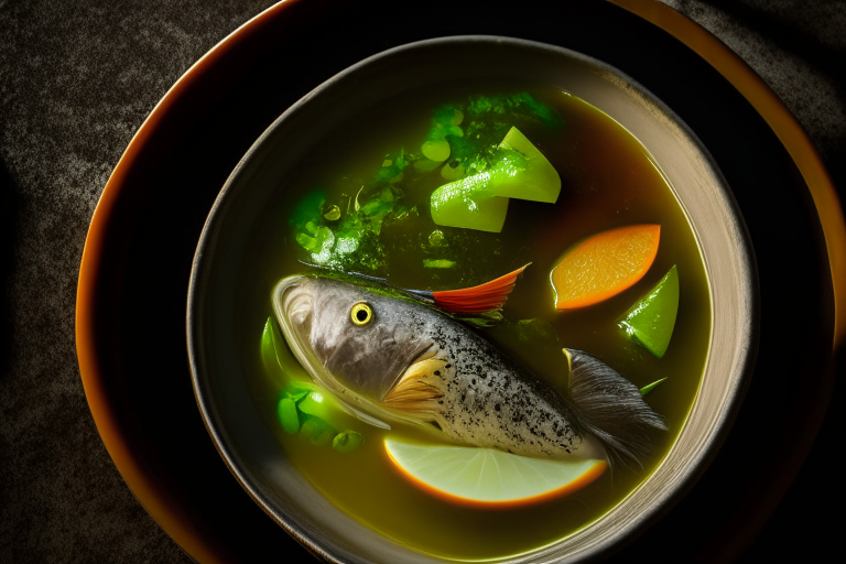 A Thai Steamed Fish with Lime Sauce soup dish on a circular bowl, decorated with Thai ornaments, under bright studio lighting with razor-sharp focus