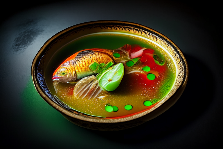 A Thai Steamed Fish with Lime Sauce soup dish on a circular platter, decorated with Thai ornaments, under bright studio lighting with razor-sharp focus