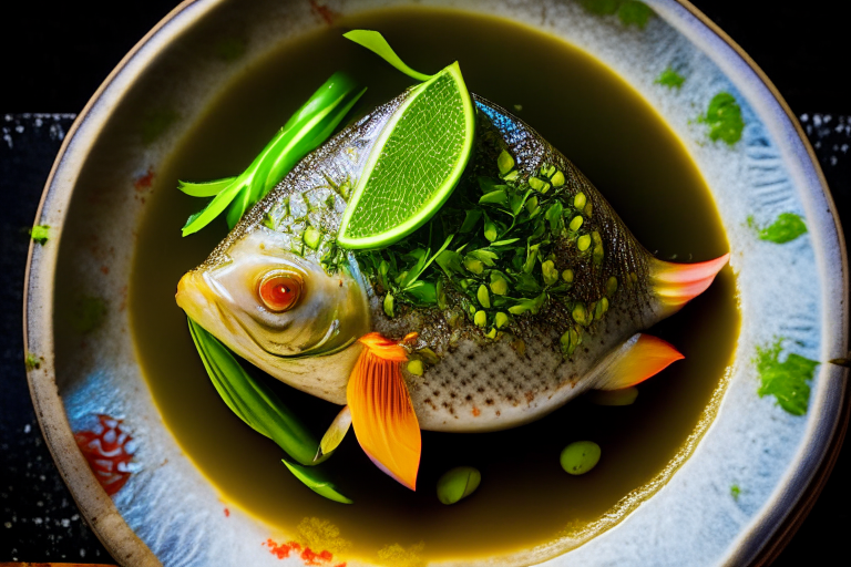 A Thai Steamed Fish with garlic and Lime Sauce dish on a circular plate, decorated with Thai ornaments, under bright studio lighting with razor-sharp focus