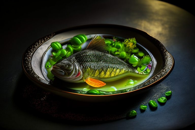 A Thai Steamed Fish with garlic and Lime Sauce dish on a circular platter, decorated with Thai ornaments, under bright studio lighting with razor-sharp focus