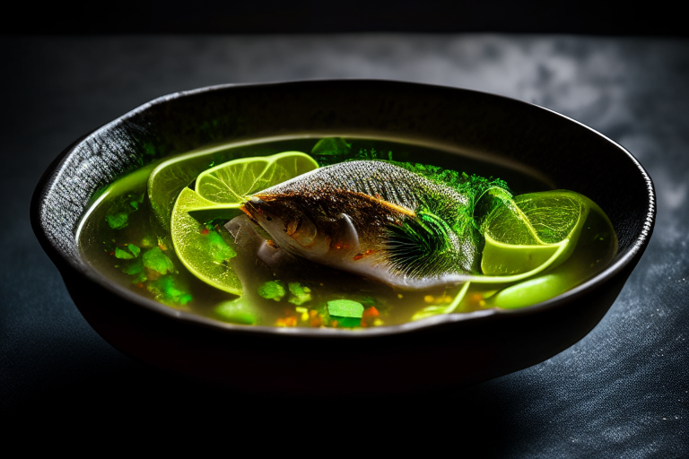 A Thai Steamed Fish with garlic and Lime Sauce dish on a circular bowl, decorated with Thai ornaments, under bright studio lighting with razor-sharp focus