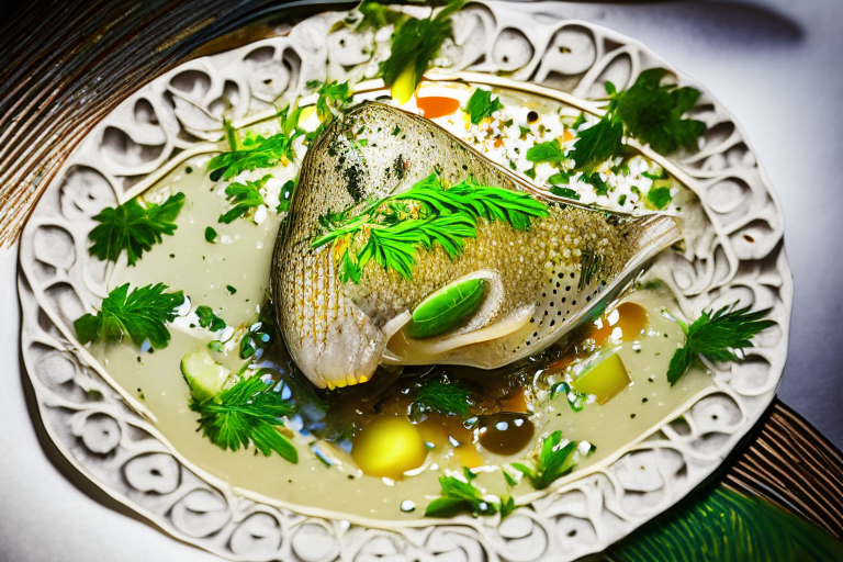 A Thai Steamed Fish with garlic and Lime Sauce dish on a circular plate, decorated with Thai ornaments, under bright studio lighting with razor-sharp focus