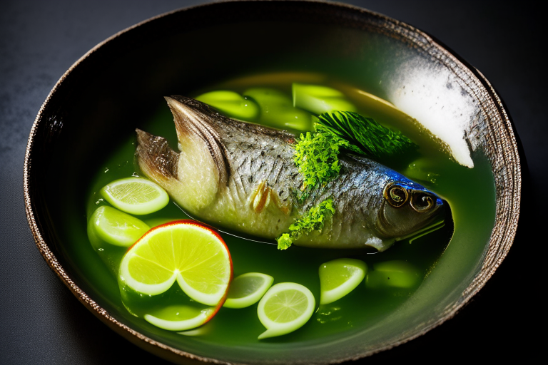 A Thai Steamed Fish with garlic and Lime Sauce dish on a circular plate, decorated with Thai ornaments, under bright studio lighting with razor-sharp focus