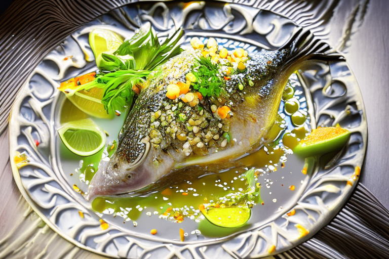 A Thai Steamed Fish with garlic and Lime Sauce dish on a square plate, decorated with Thai ornaments, under bright studio lighting with razor-sharp focus